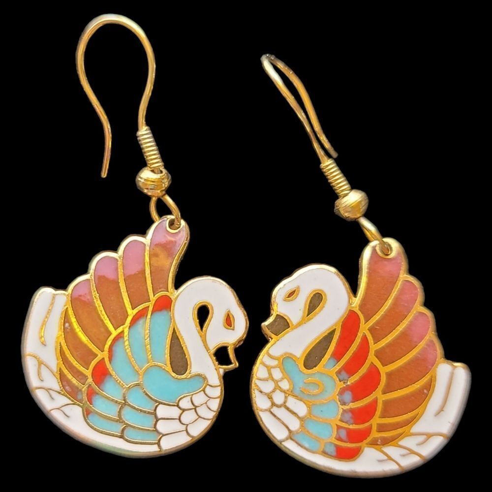 Vintage Cloisonne Earrings White MultiColor Enamel Swans Gold-Tone 2"